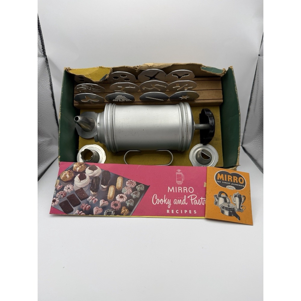 Vintage Mirro Aluminum Cookie Cooky Pastry Press 12 Discs 3 Tips  Box Damage
